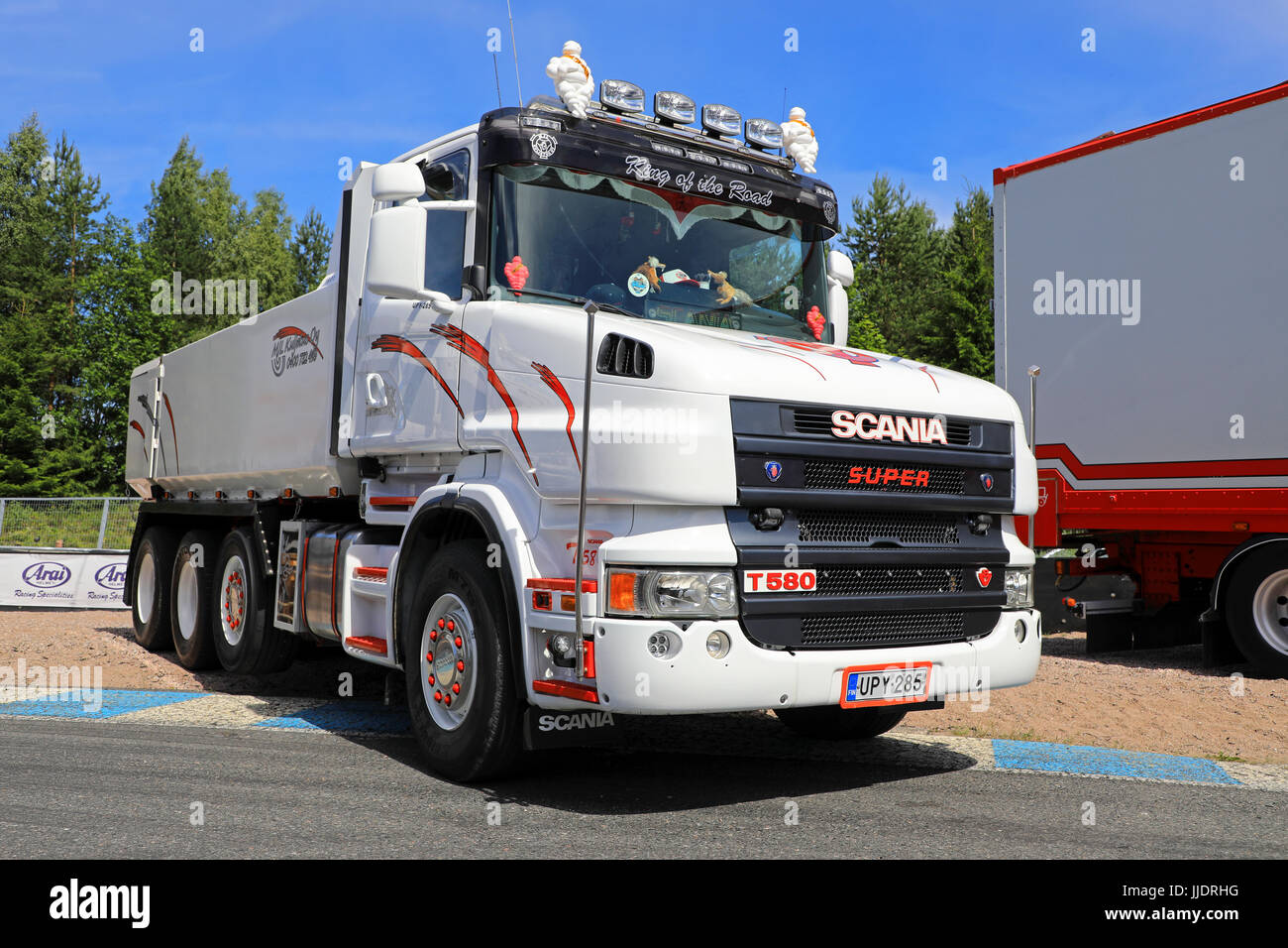 HAMEENLINNA, FINLAND - JULY 15, 2017: White and red Super Scania T580 tipper truck of MJL Kuljetus Oy on display on Tawastia Truck Weekend 2017. Stock Photo
