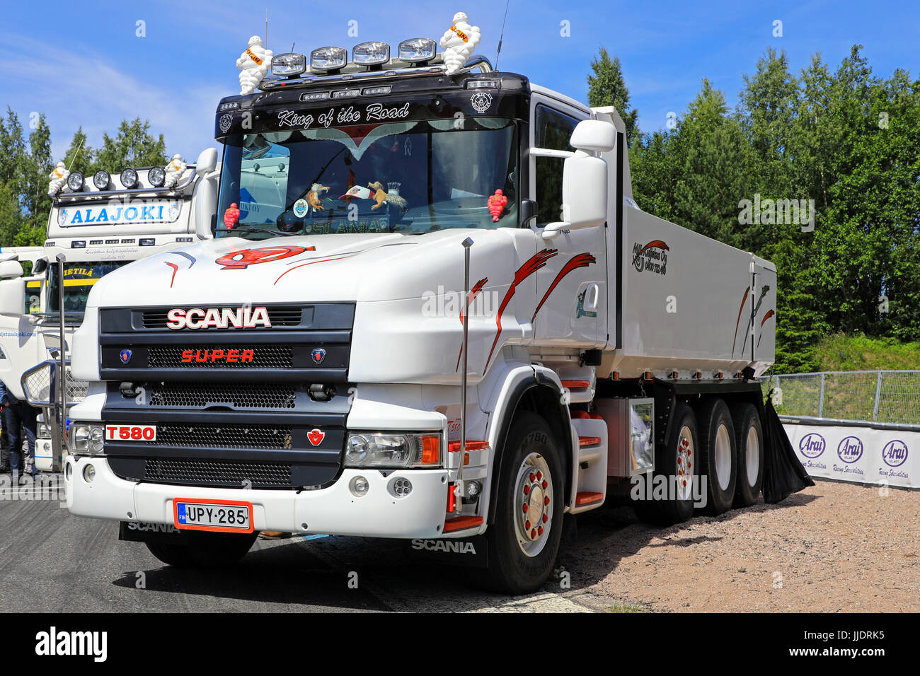 HAMEENLINNA, FINLAND - JULY 15, 2017: Customized white Super Scania T580 tipper truck of MJL Kuljetus Oy on display on Tawastia Truck Weekend 2017. Stock Photo