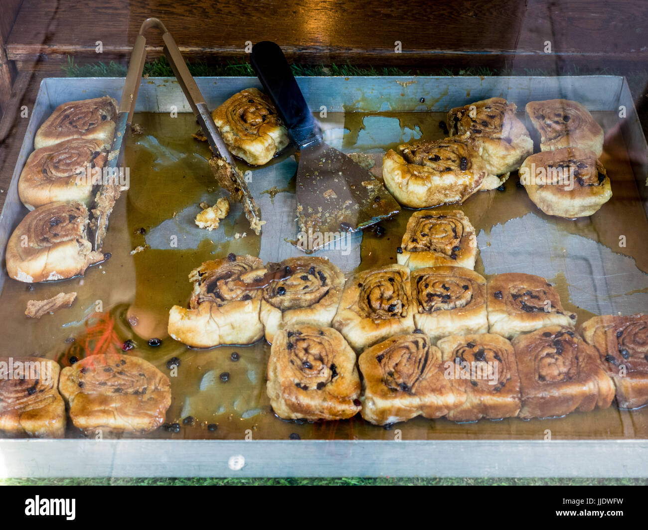 Chelsea or Sticky Buns in the window of Fitzbillies tea shop and restaurant in Cambridge UK Stock Photo