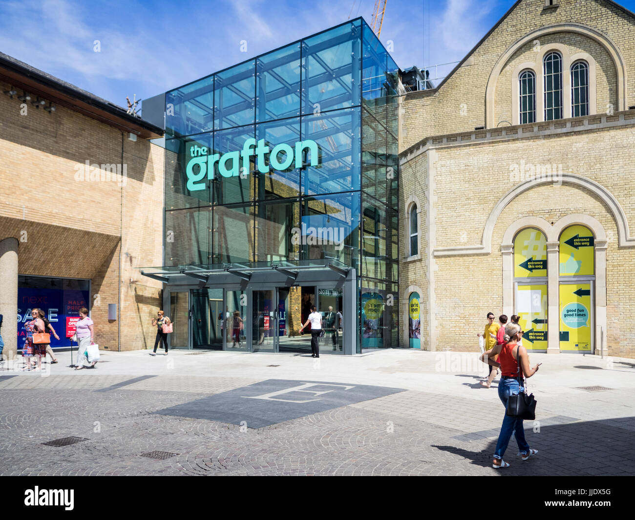 The refurbished entrance to the Grafton Centre Shopping Centre in Cambridge UK. The refurbishment took place in 2017. Stock Photo