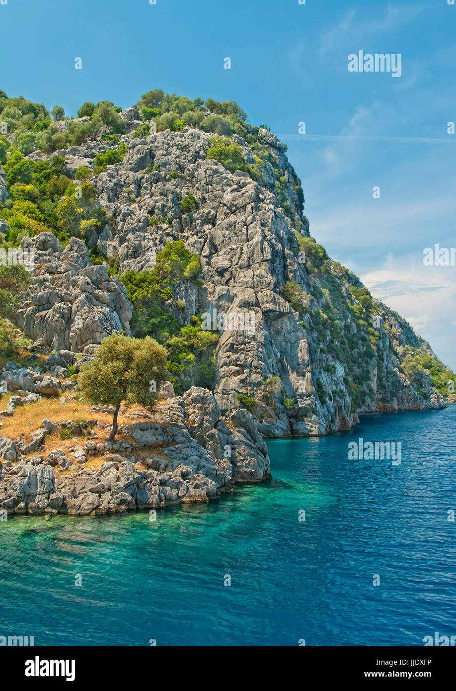 rocky island with trees surrounded by turquoise blue waters of Aegean sea on sunny summer day, Marmars, Turkey Stock Photo