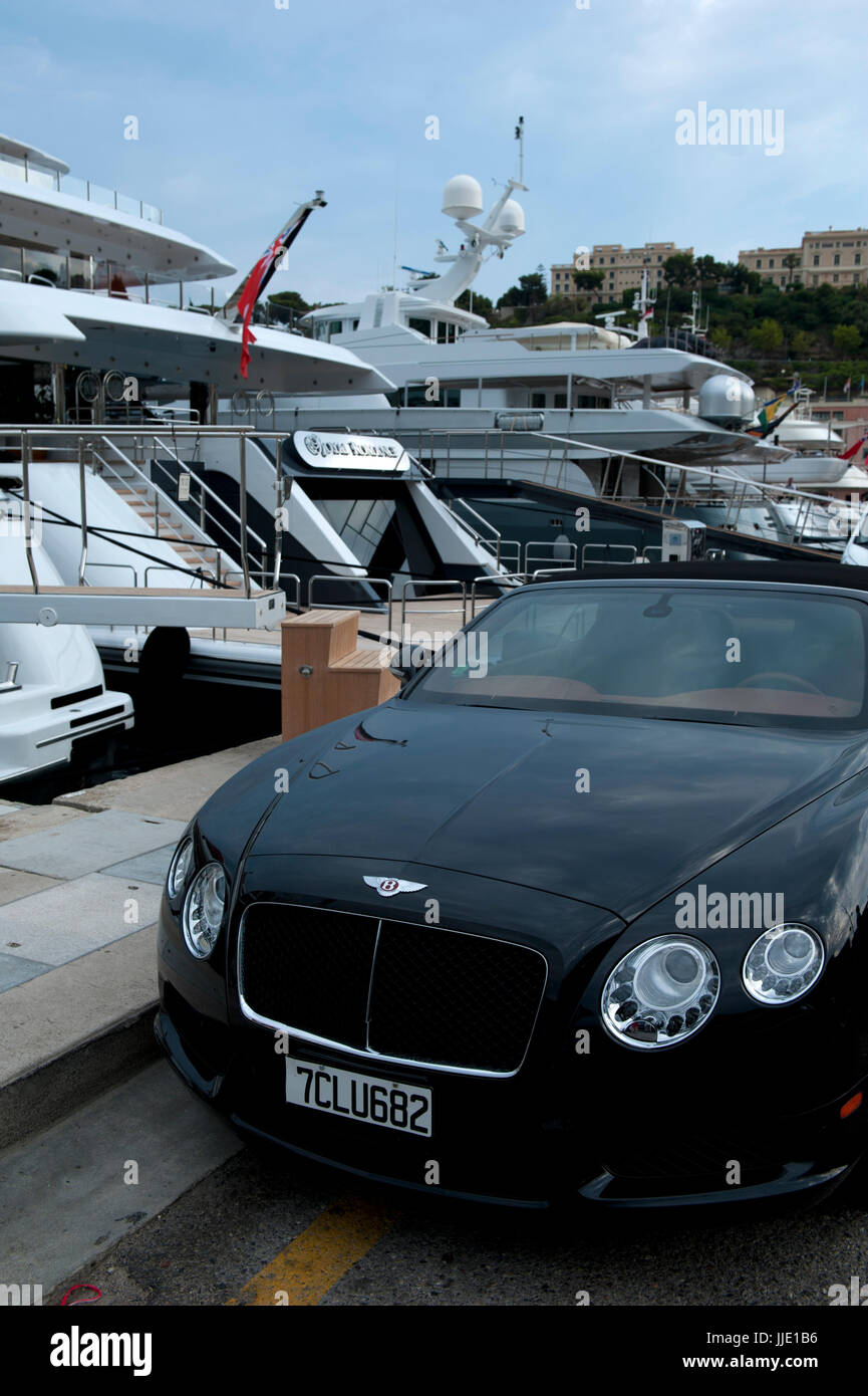 Sports cars parked next to yachts in the Luxury marina of Puerto