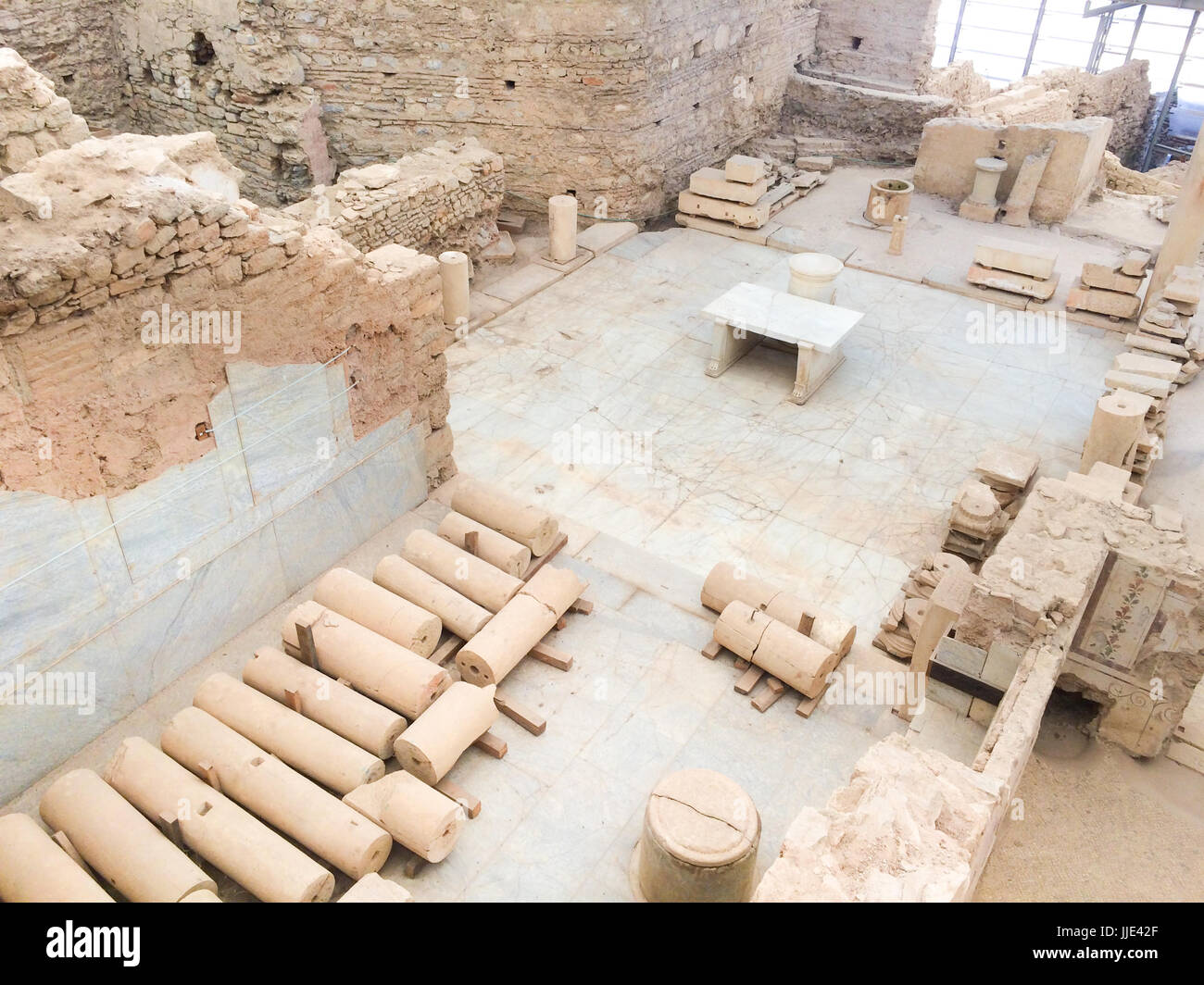Roman stone columns and altar ruins room from top roof in ephesus Archaeological site in turkey Stock Photo