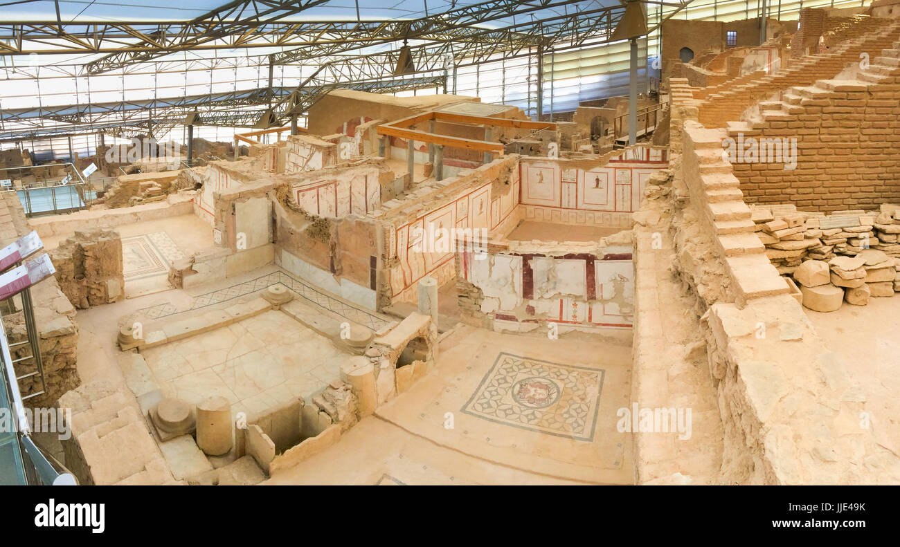 Panorama of Roman stone terraced houses room with decorated walls in ephesus Archaeological site in turkey Stock Photo
