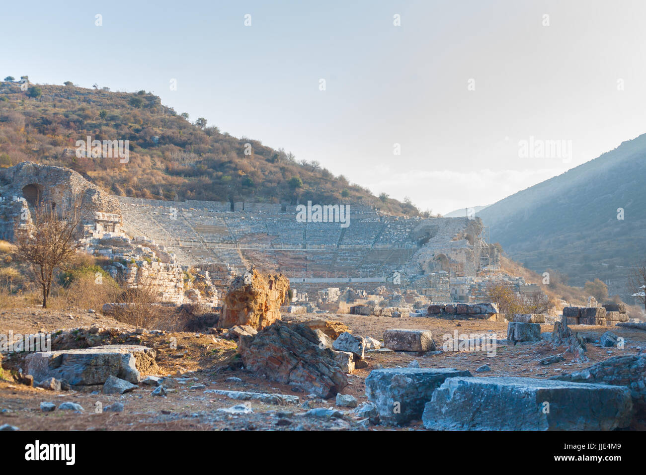 Roman stone amphitheater ruins panorama in ephesus Archaeological site in turkey Stock Photo