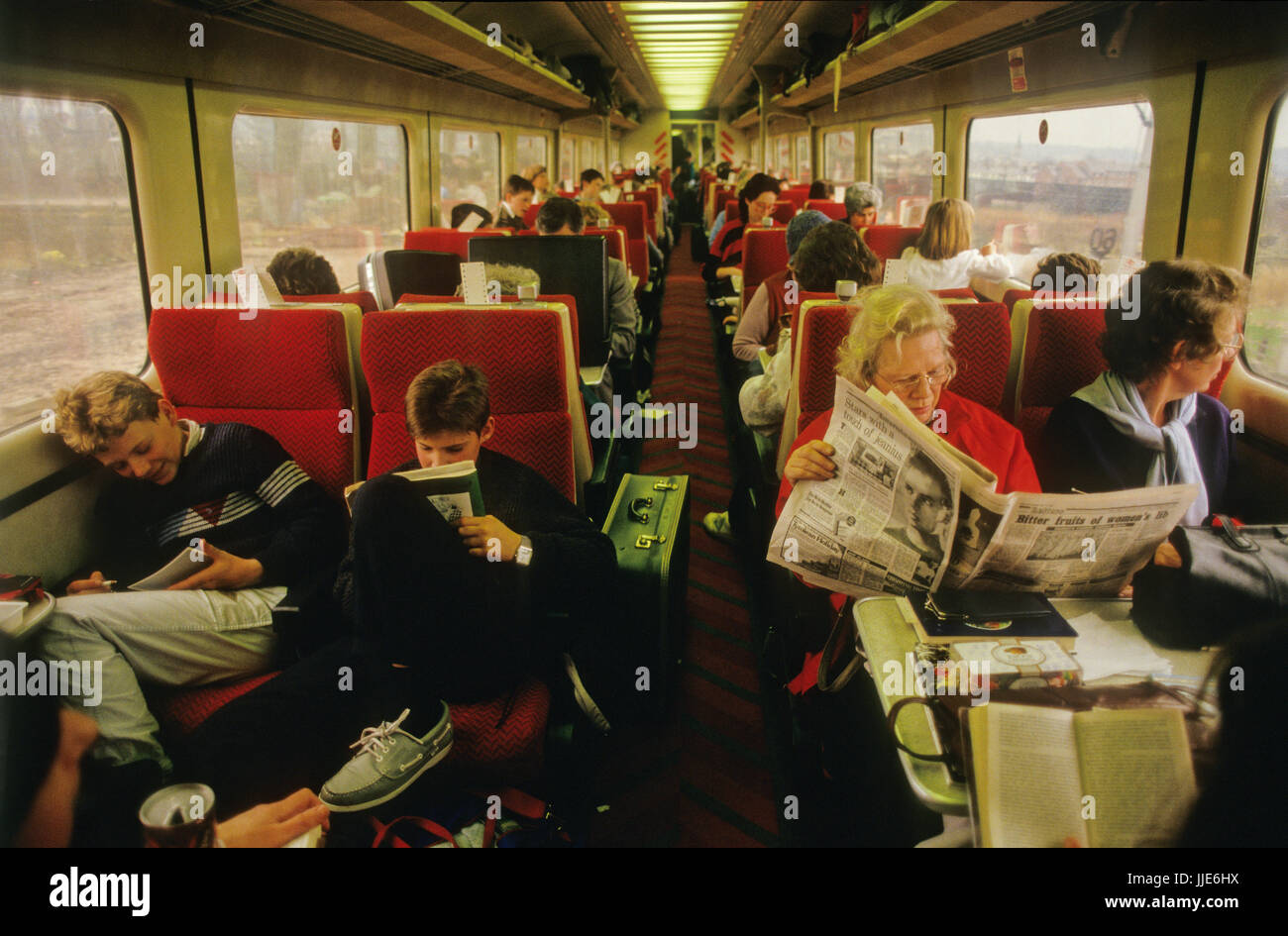 Train journey from London Paddington to Penzance in 1985. British Rail Intercity 125 train journey photographed for the Sunday Express Magazine with permission in 1985. Showing first and second class travel and silver service serving of lunch cooked onboard. Stock Photo