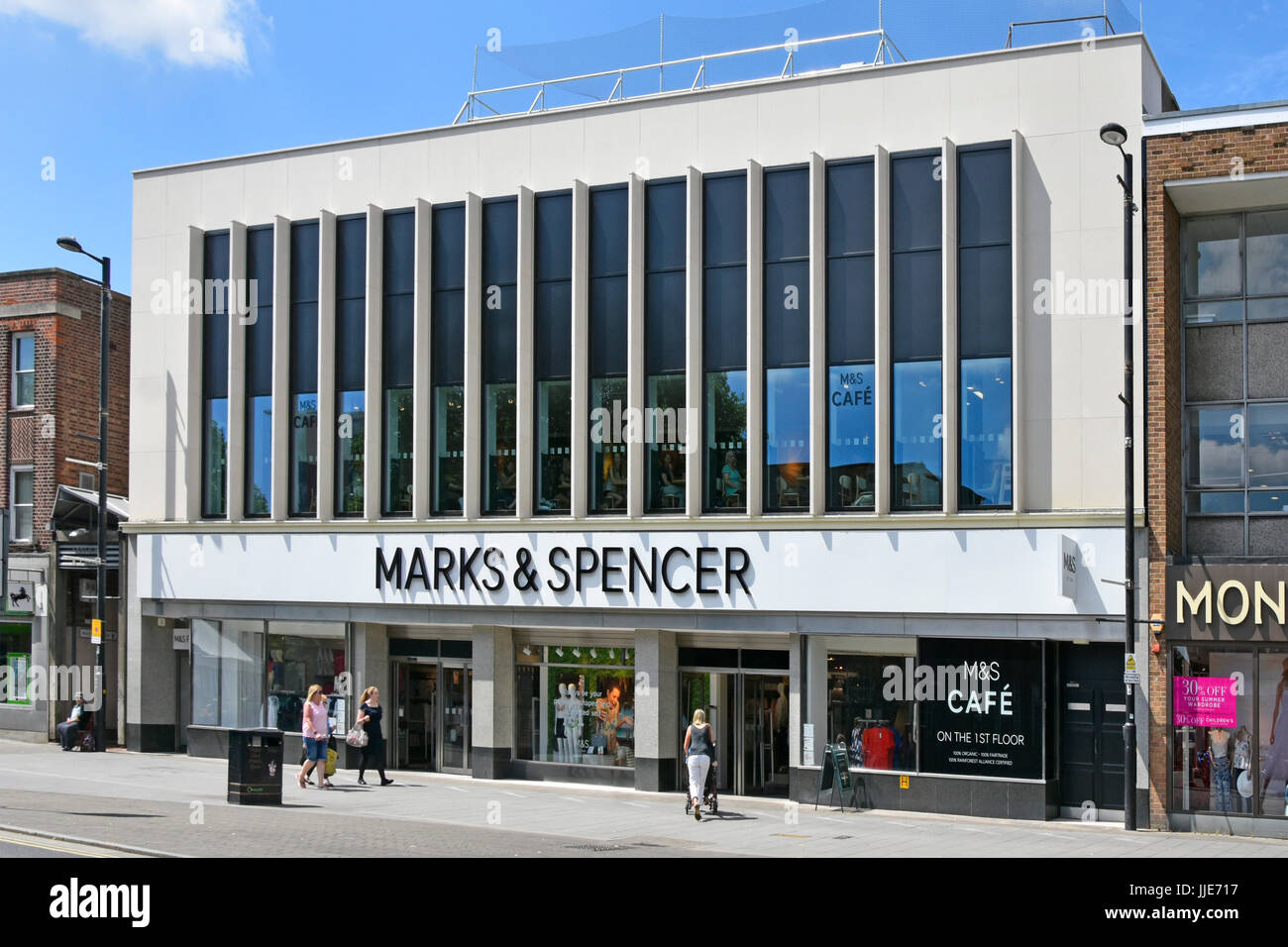 Marks and Spencer high street store refurbished front facade & interior improvement new upper sales floor with cafe Brentwood, Essex, England,UK Stock Photo