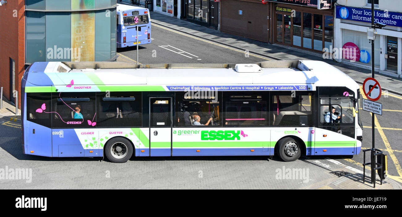 Chelmsford Essex town centre looking down on single decker Essex bus operated by First Group plc departing bus station stop England UK Stock Photo