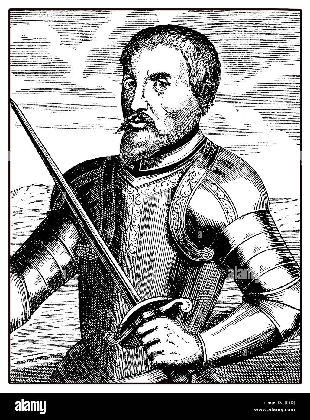Portrait of Hernando de Soto, spanish explorer and conquistator, led the first European expedition into the territory of North America, crossing the Missisipi river in XVI century Stock Photo
