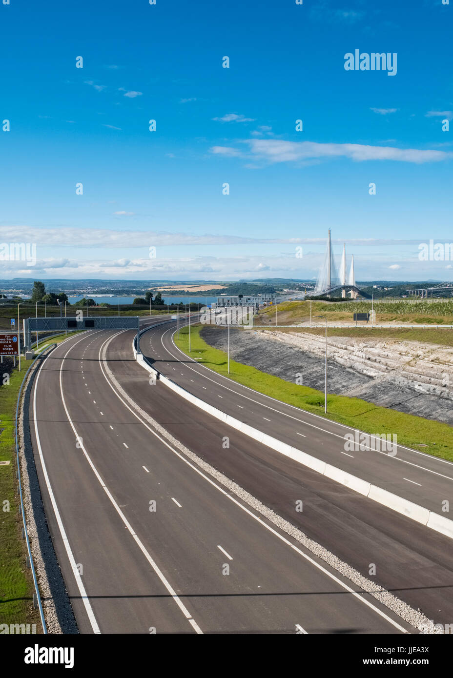 View of approach roads to new Queensferry Crossing bridge spanning River Forth in Scotland, United Kingdom Stock Photo