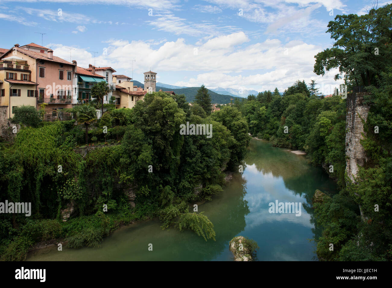 Panoramic view of Cividale del Friuli at the Natisone river, seen from the Devil's Bridge. Cividale del Friuli, Friuli-Venezia Giulia, northern Italy. Stock Photo