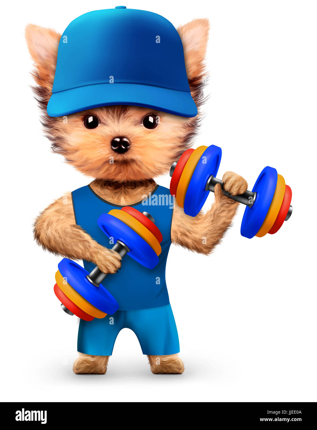 Funny dog training with dumbbell in sport gym. Concept of sport and fitness. Realistic 3D illustration. Stock Photo