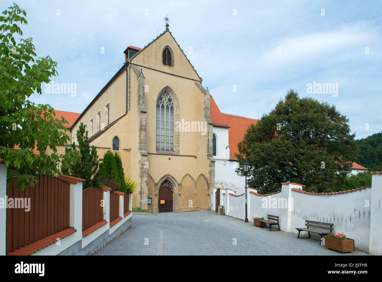 Goldenkron, Czech Republic, entrance portal of the monastery church of the monastery Zlata Koruna Stock Photo
