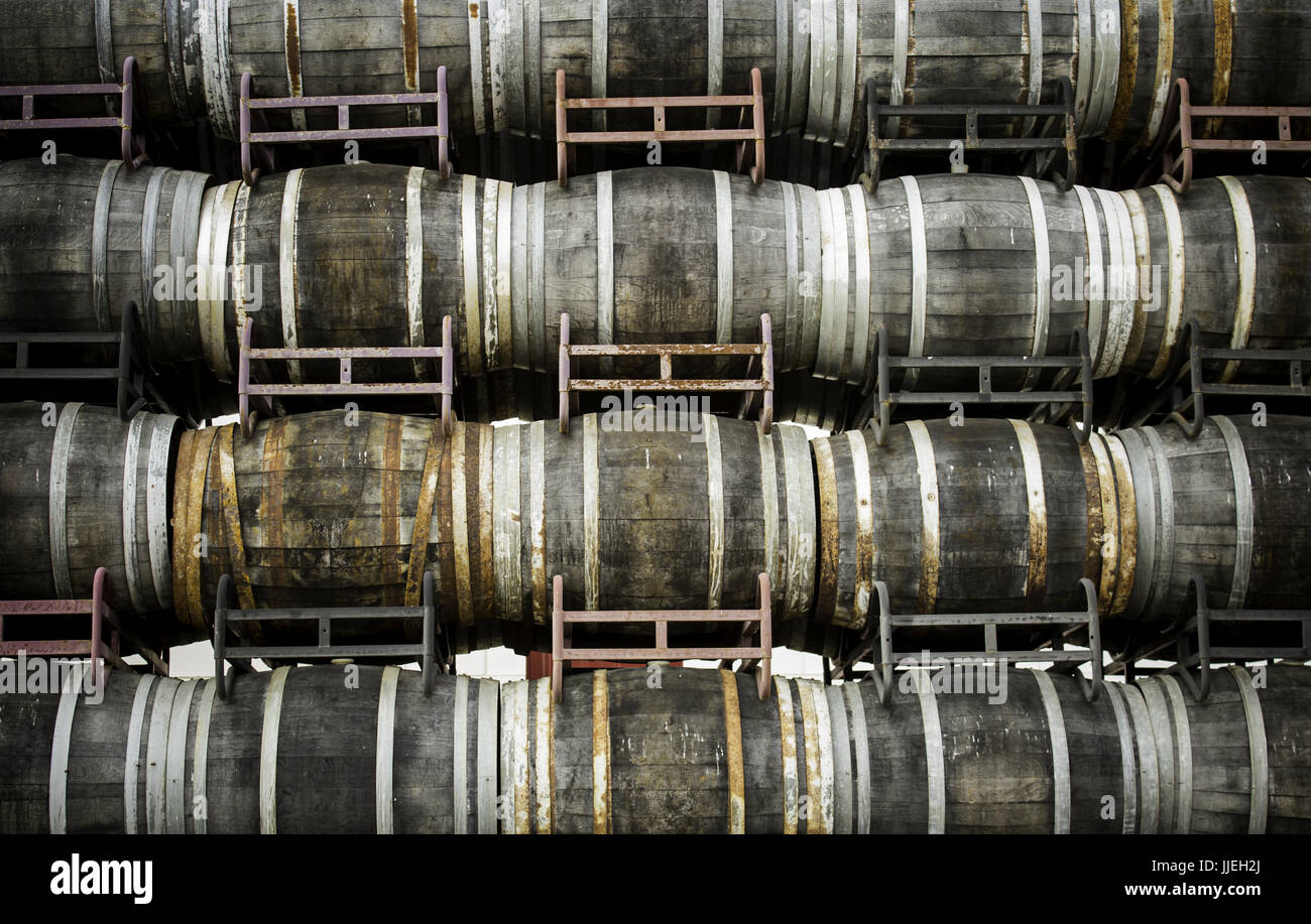 Old wooden wine barrels, detail of containers for wine preservation