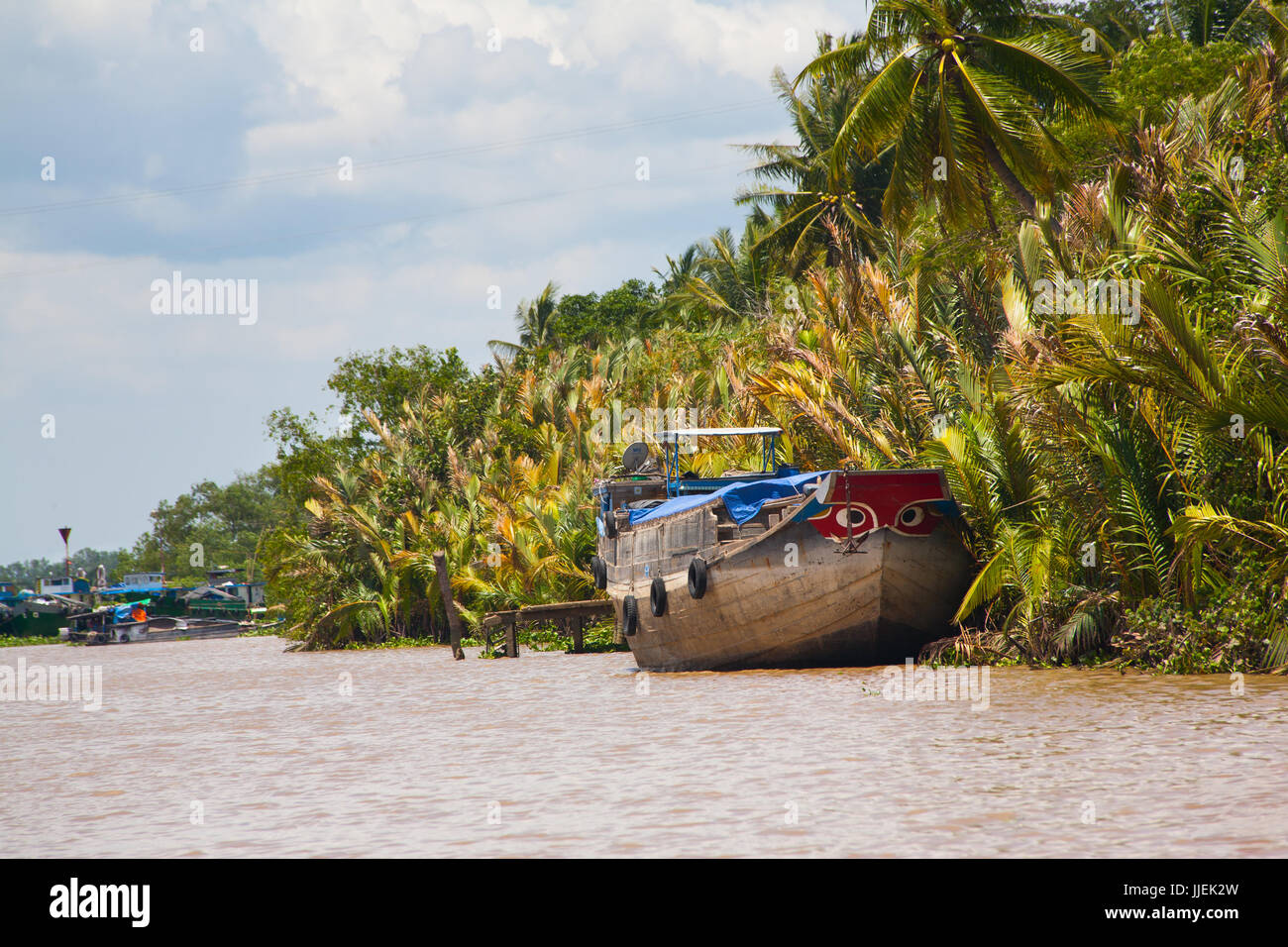 Red Blye Painted Eyes Boats  on Vietnam Mekong Delta Village anchored close to a village Stock Photo