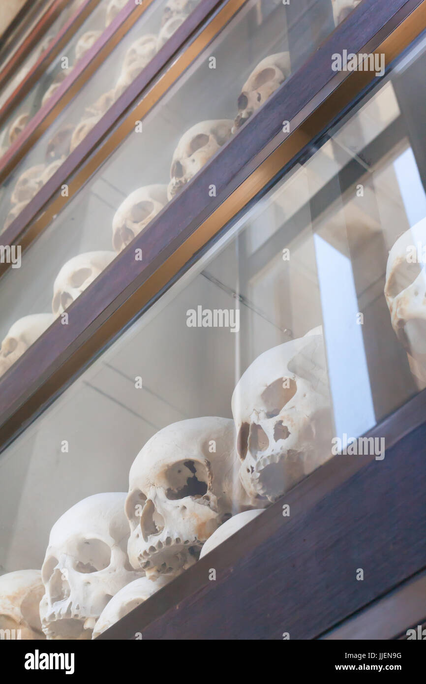 Skulls Wall Theca in memorial camp building in Cambodia close to Phnom Penh Stock Photo