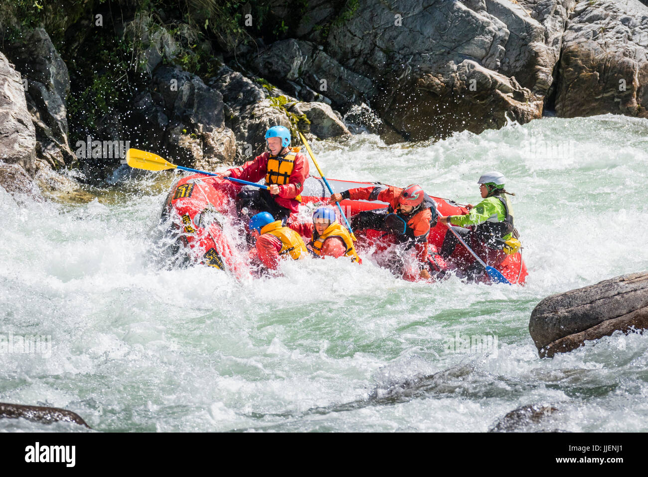 A raft in Granity Rapid on the Buller river. Stock Photo