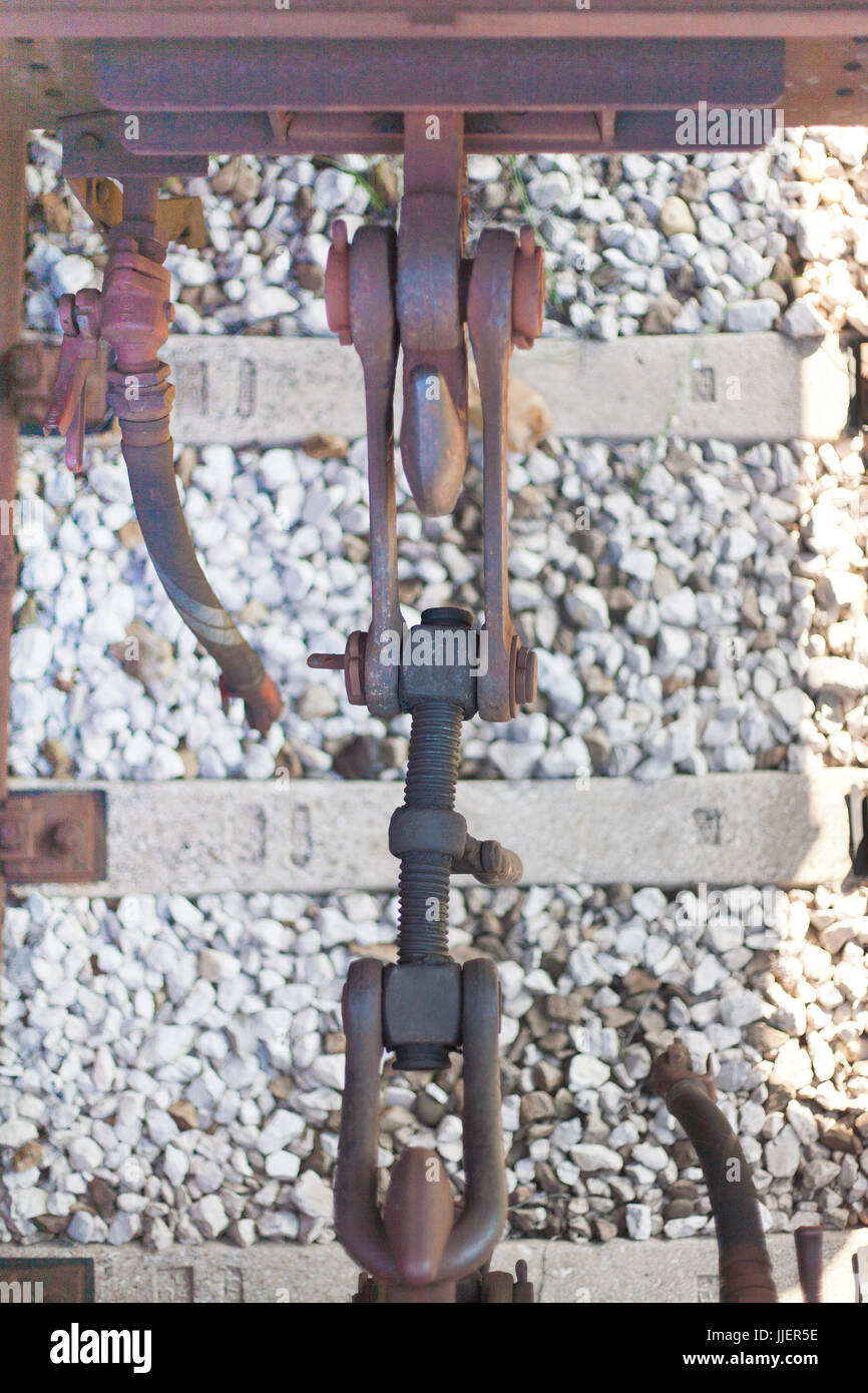 Tow hook railway metal lock on a freight train in a italian train depot in Bologna Stock Photo