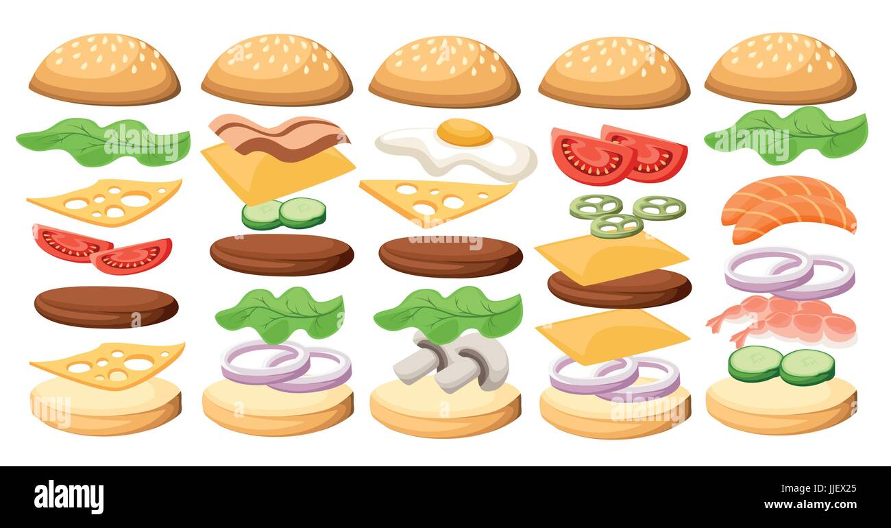 Set of delicious sandwich illustrations ss Burgers set. Ingredients: buns, cheese, bacon, tomato, onion, lettuce, cucumbers, pickle onions, beefs ham  Stock Vector