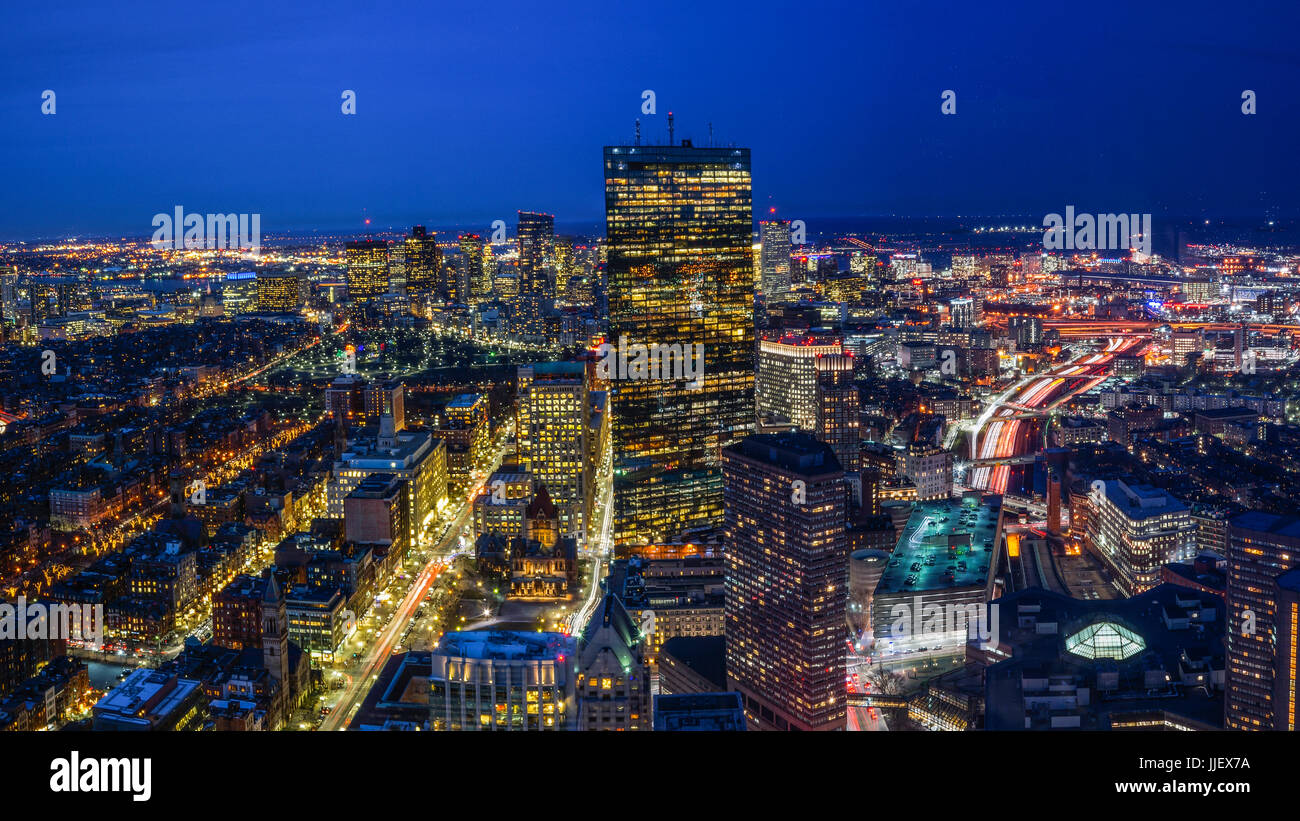 Boston Skyline at Night Aerial View Stock Photo