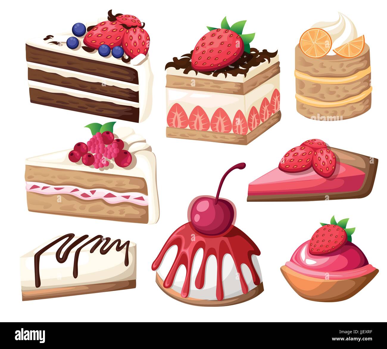 Colorful sweet cakes slices pieces isolated on white