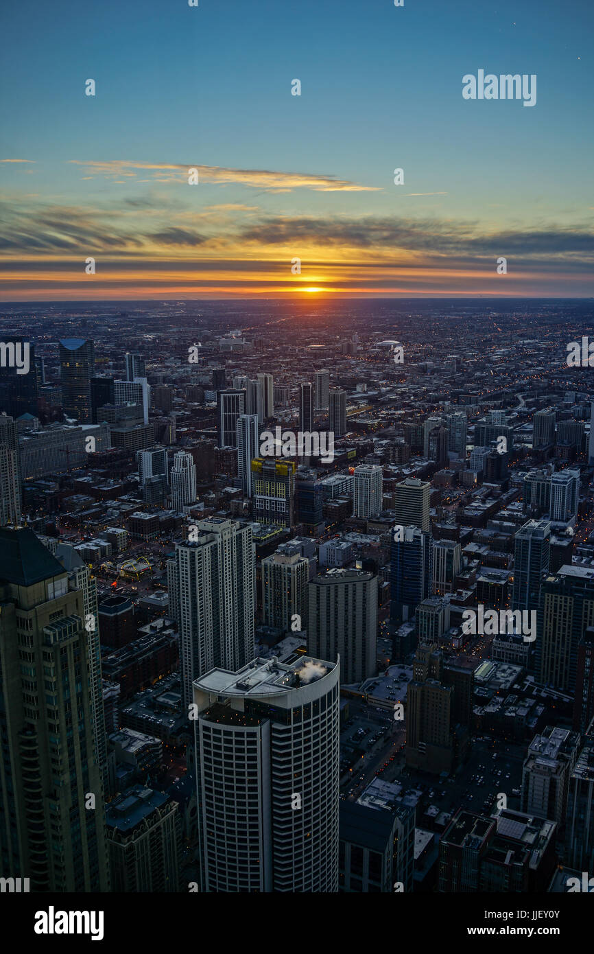 Chicago Skyline Sunset with Twilight Sky and Lake Michigan at Night Stock Photo