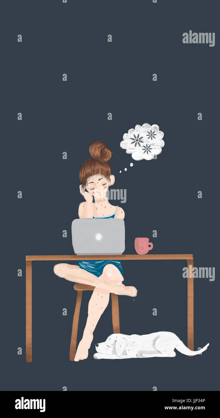 Girl sitting in front of her laptop dreaming about going on vacation to a cold climate Stock Photo