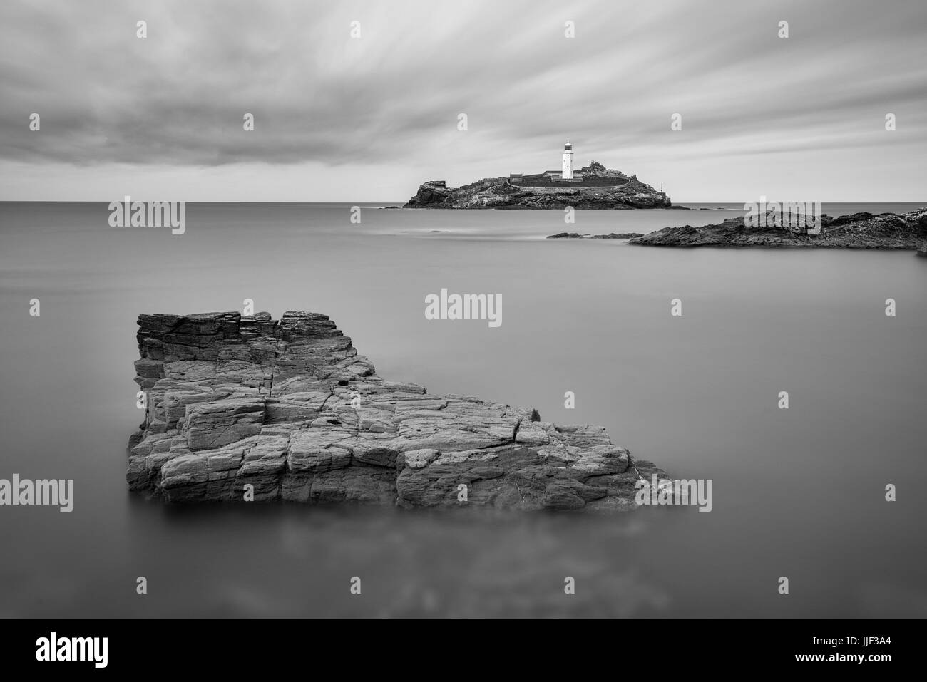 Godrevy Island and Lighthouse in Cornwall. Stock Photo