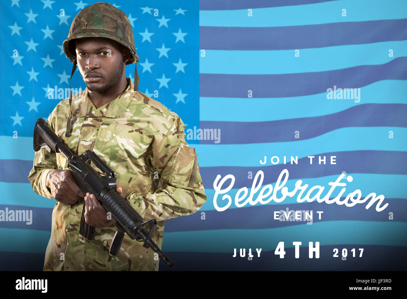 Portrait of confident soldier holding rifle against rippled us flag ...