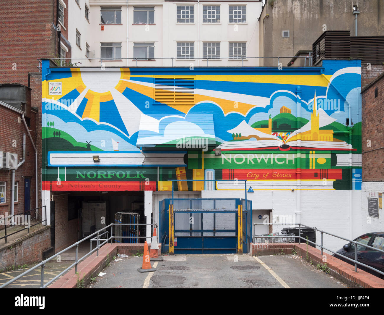 A colourful mural or wall art on a building in the city of Norich