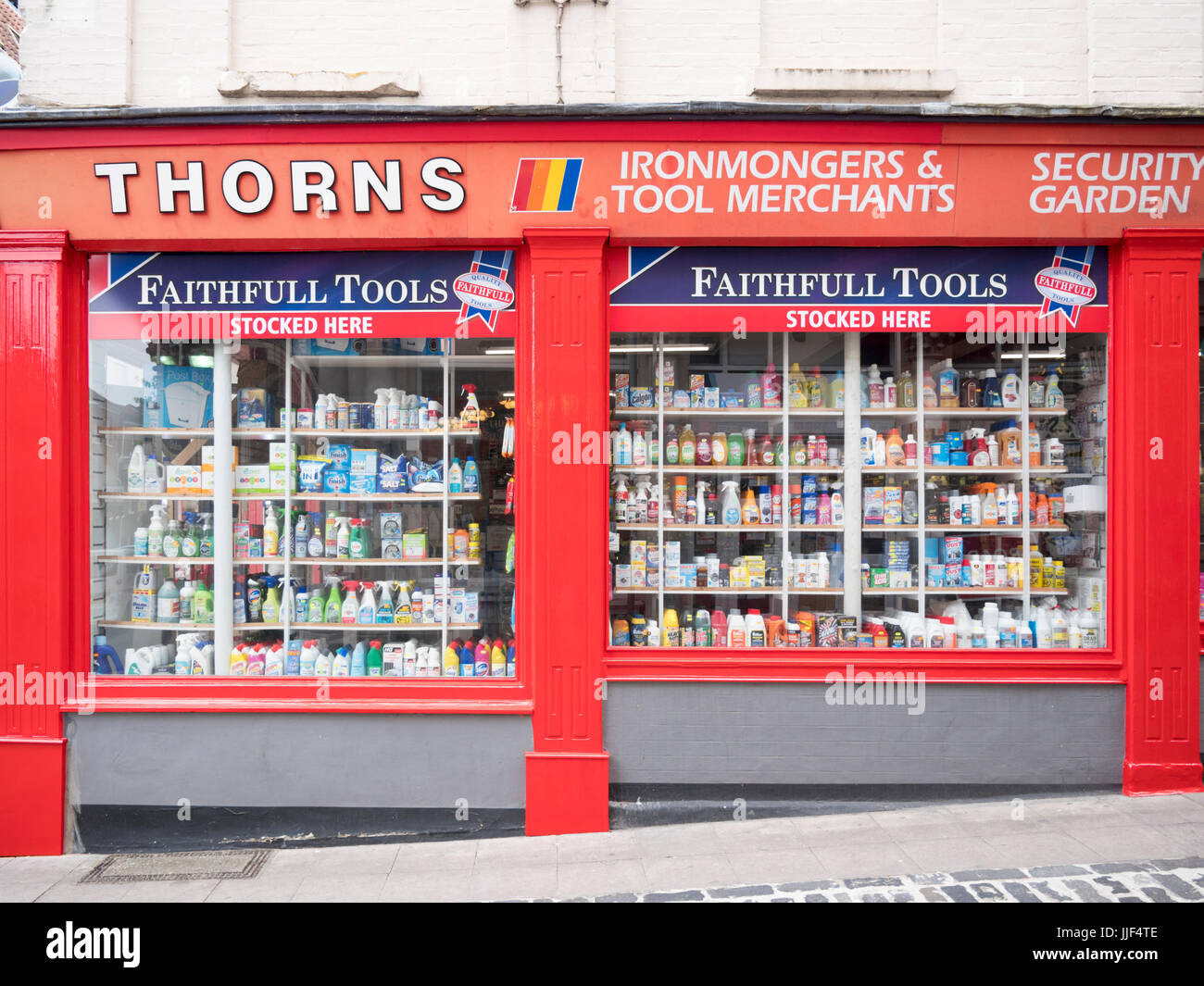 Thorns Ironmongers shop in Norwich Norfolk UK showing products on display in the shop window Stock Photo