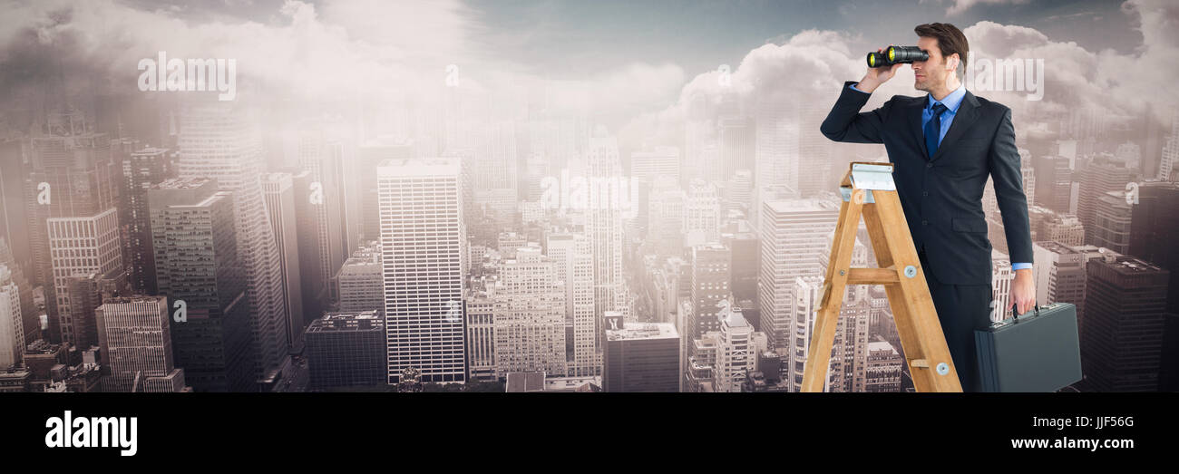 Businessman looking on a ladder against aerial view of a city on a ...