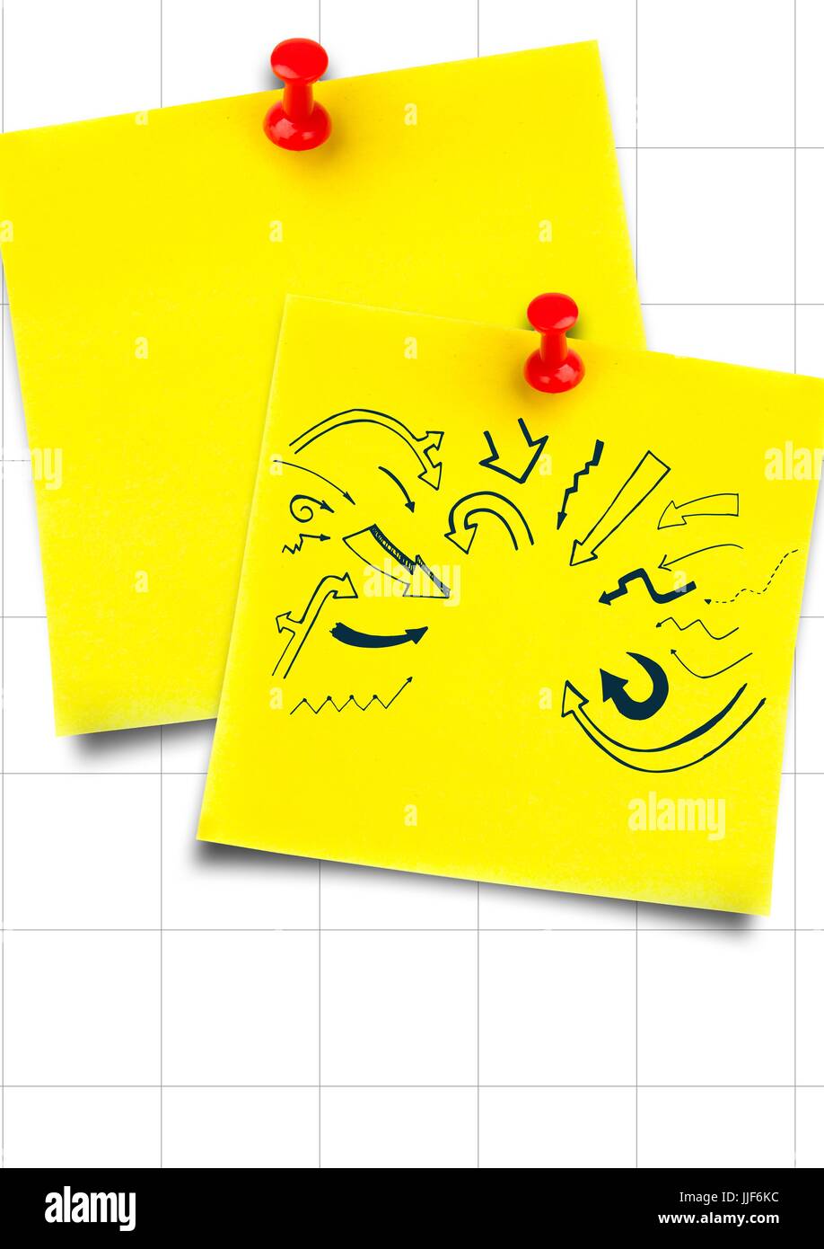Digital composite of Yellow sticky notes with blue arrow doodles ...