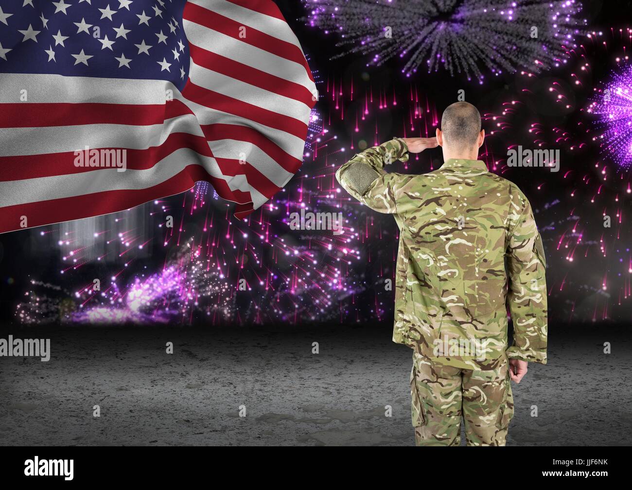 Digital composite of soldier in front of fireworks with usa flag Stock ...