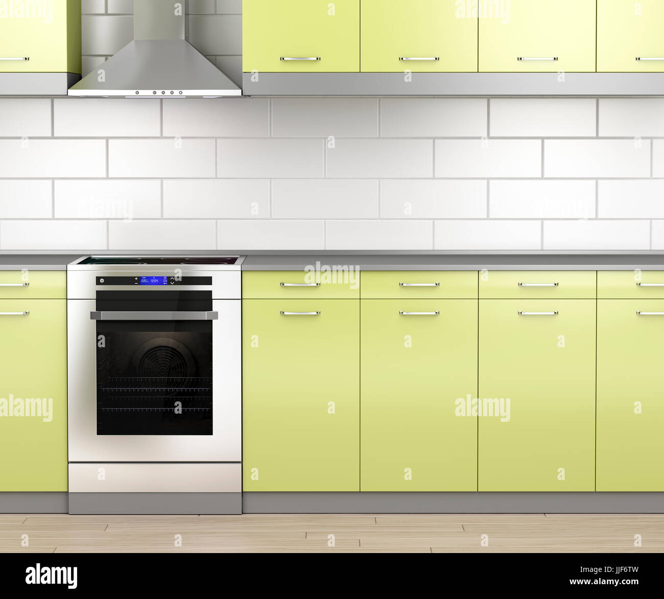 Modern Electric Stove And Range Hood In The Kitchen Stock Photo