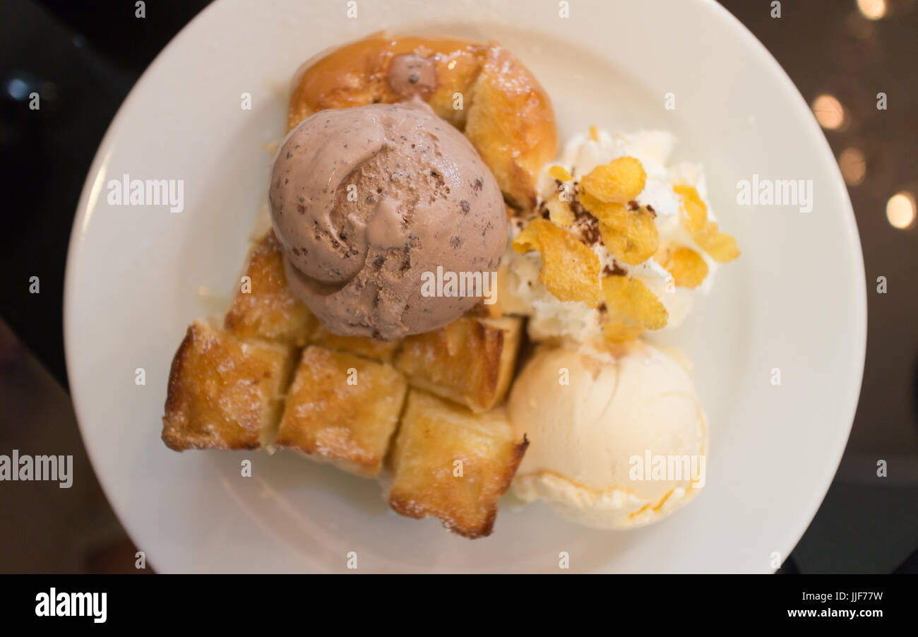 Honey toast with chocolate and Vanilla ice cream Stock Photo
