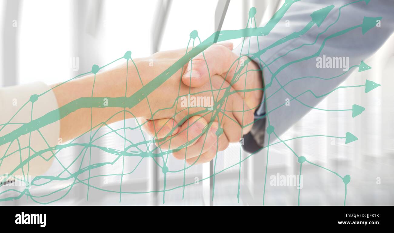 Digital composite of Close up of handshake behind green graph against window Stock Photo