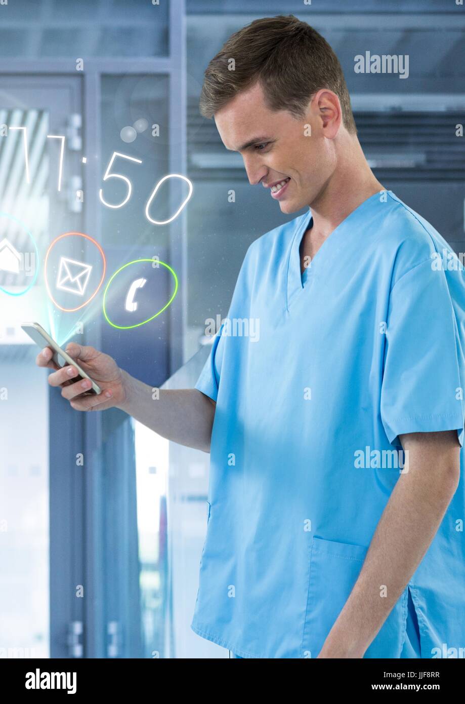Digital composite of Doctor smiling at mobile phone with apps in modern ...