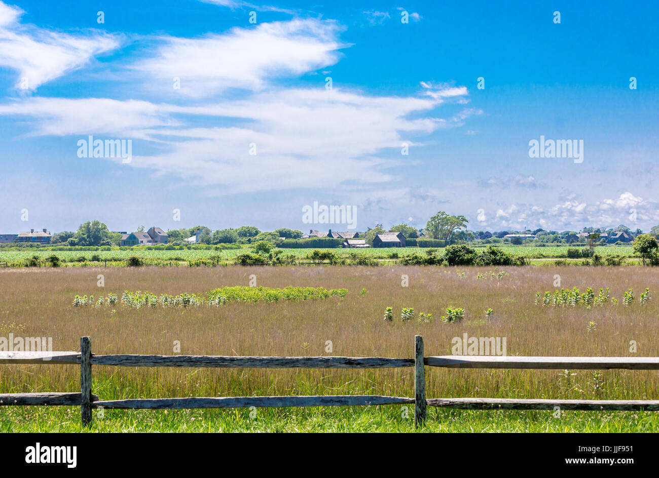 large open field with large homes in the distance in sagaponack ny Stock Photo
