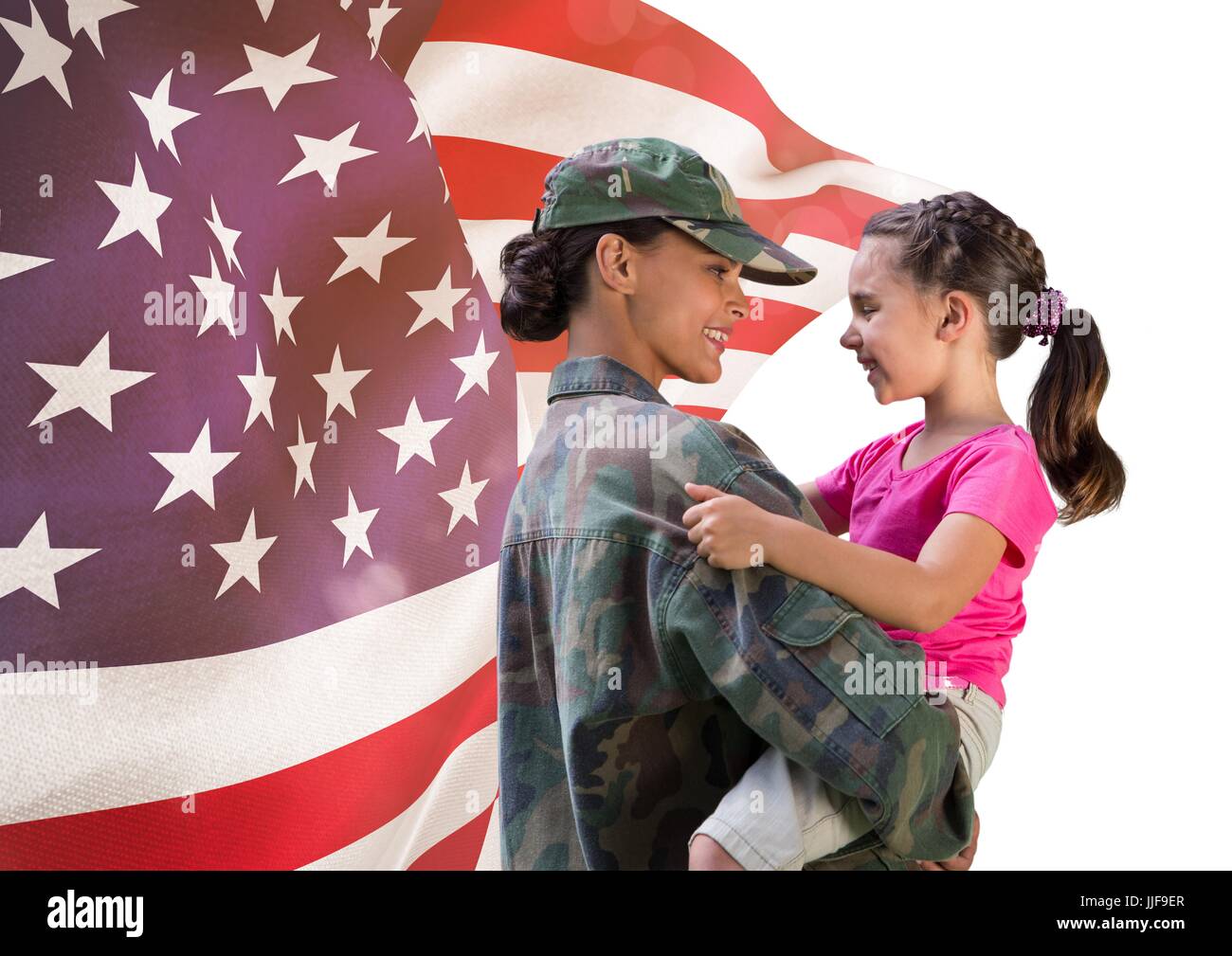 Digital composite of soldier and daughter in front of usa flag Stock ...