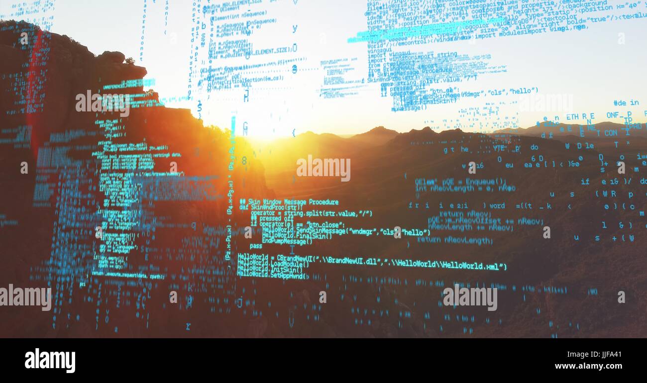 Digital composite of Blue code against mountain and sunset Stock Photo ...