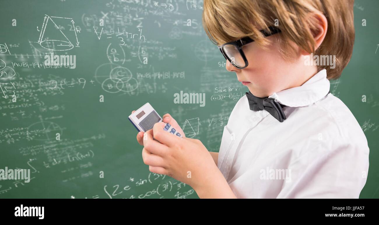 Digital composite of Boy with calculator against green chalkboard with ...