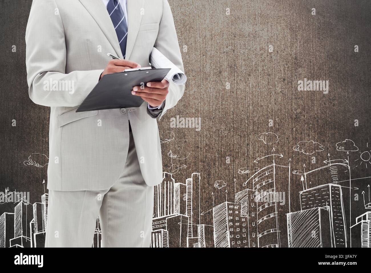 Digital composite of business man against grunge wall with city drawing Stock Photo