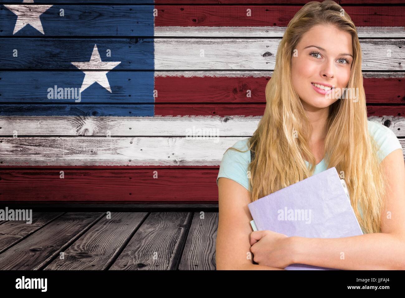 Digital composite of students against American flag background Stock Photo