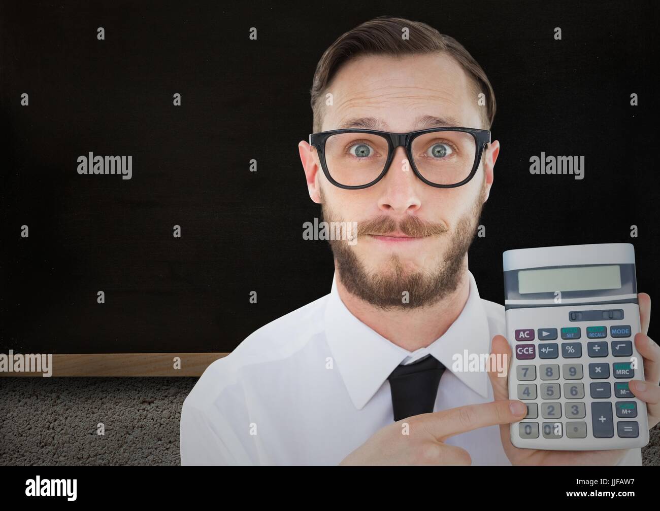 Digital composite of Man with calculator against blackboard Stock Photo ...