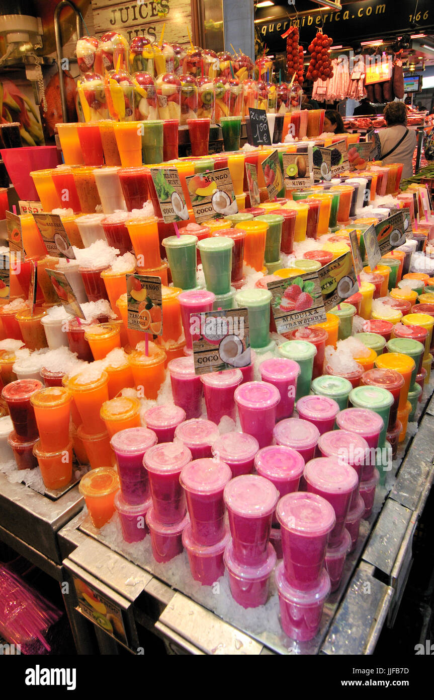 Fruit juices. La Boqueria market, Barcelona, Catalonia, Spain Stock