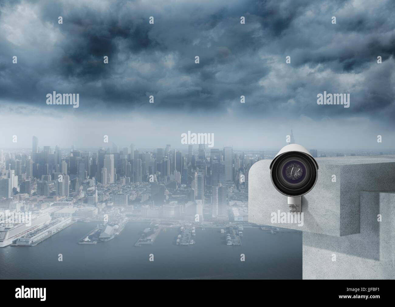 Digital composite of cctv in front of the city. Stock Photo