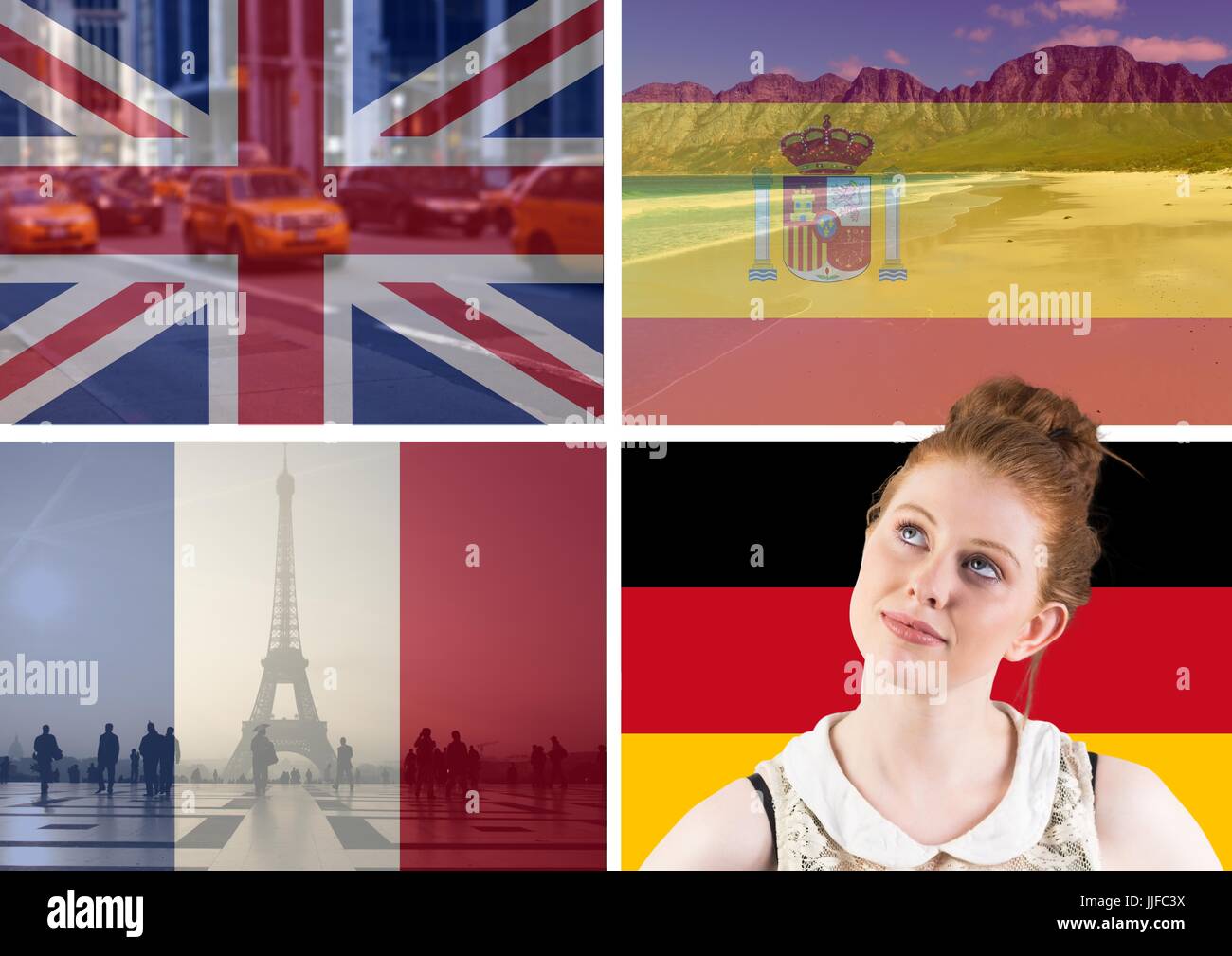 Digital composite of main language flags with typical things of the countries around young  woman thinking Stock Photo