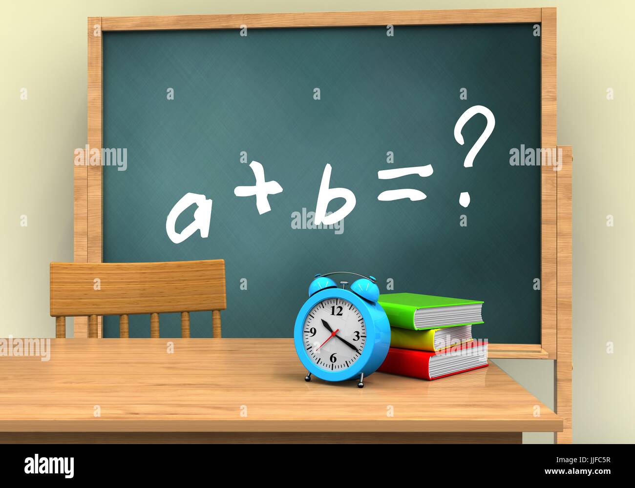 Math Problem Alarm 3d illustration of board with math exercise text and alarm clock Stock ...