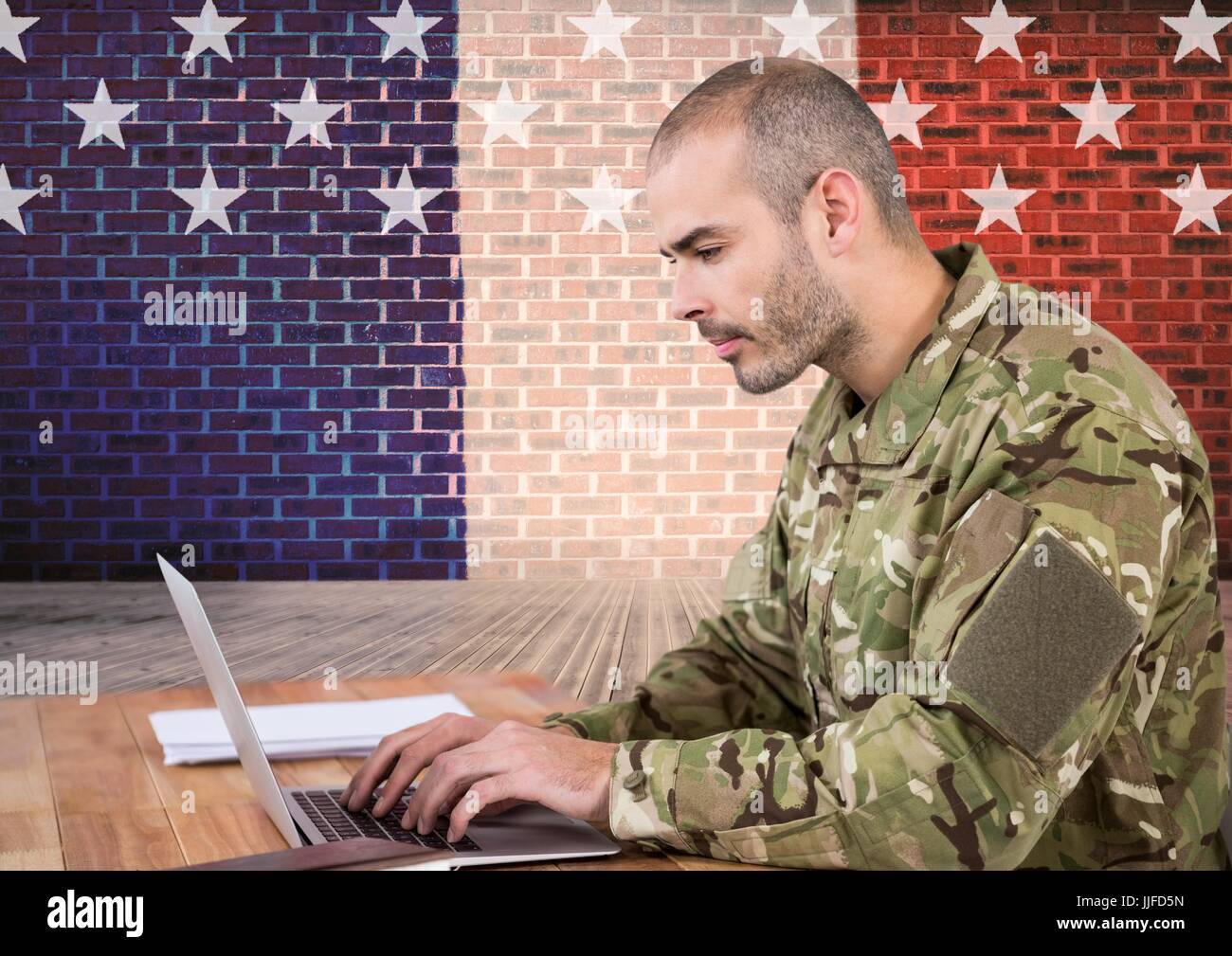 Digital composite of soldier studding in front of usa flag Stock Photo ...